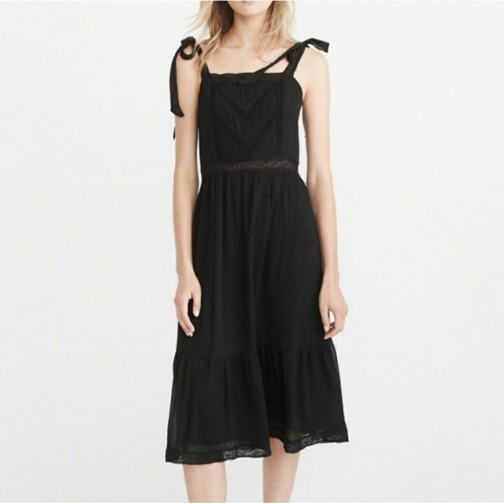 Abercrombie & Fitch Black Midi Tie-Shoulder Dress